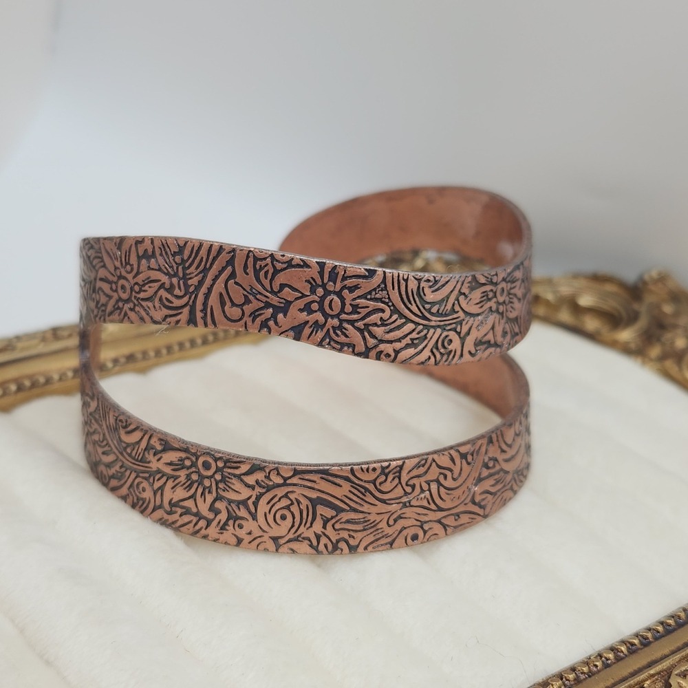 Vintage Etched Copper Cuff Bracelet Adjustable Floral Scroll Boho Artisan Wide
